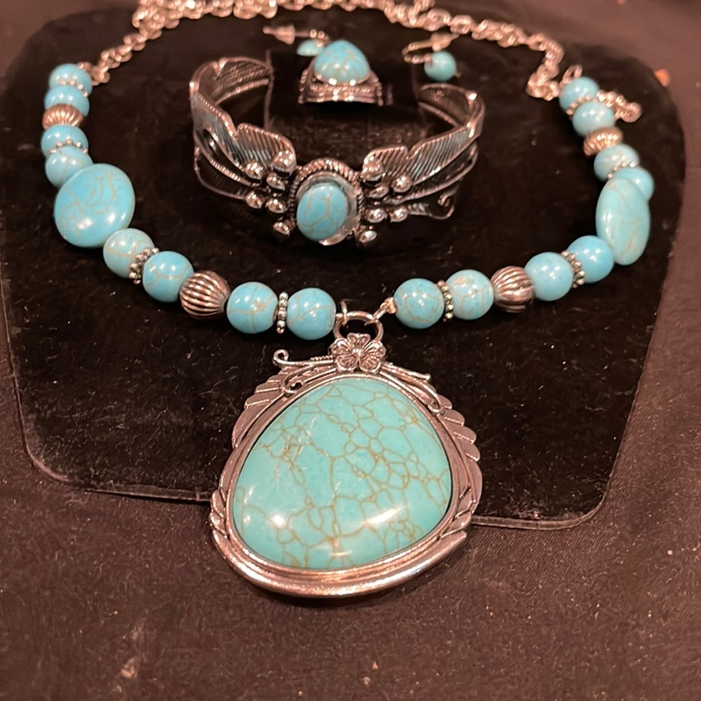 Four piece necklace, earrings, bracelet and matching ring … Blue 4 You